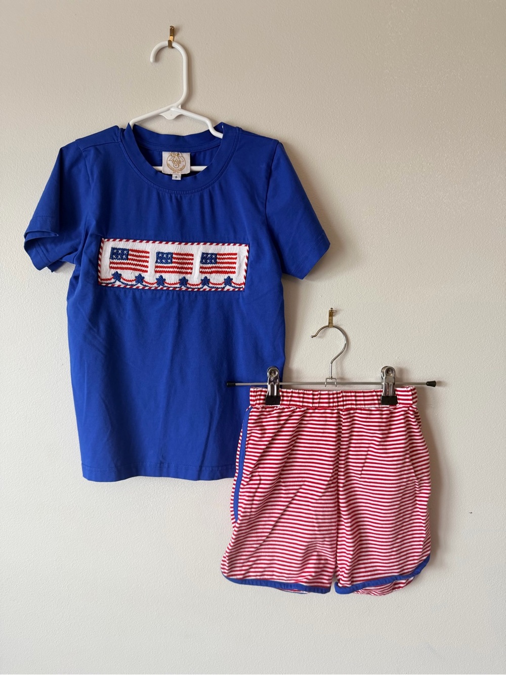 Blue Patriotic Smocked Tee & Red Stripe Shorts Kids Matching Set